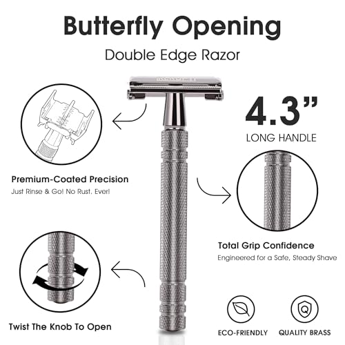 Double Edge Safety Razor with 10 Disposable Blades, Butterfly Open Head Features - Washable Reusable Metal Razor, Ergonomic Design Portable Shaving Kit for Beard Shape Up - Gloss Black