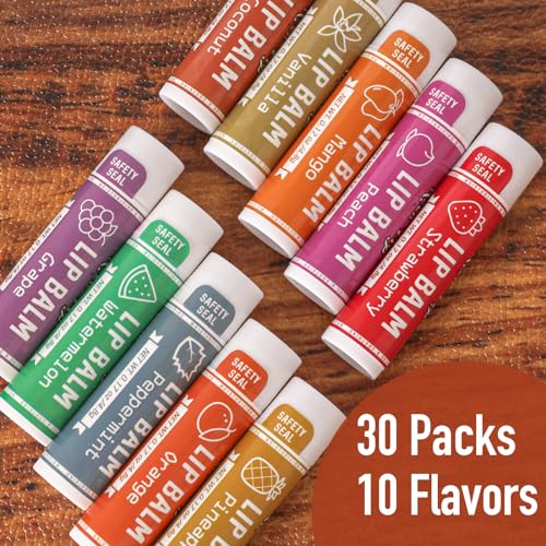AZEN 30 Pack Natural Lip Balm, 10 Flavors, Moisturizing