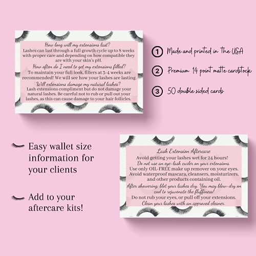 Lash Extension Aftercare Cards - 50 Pack, 3.5x2" Pink Design