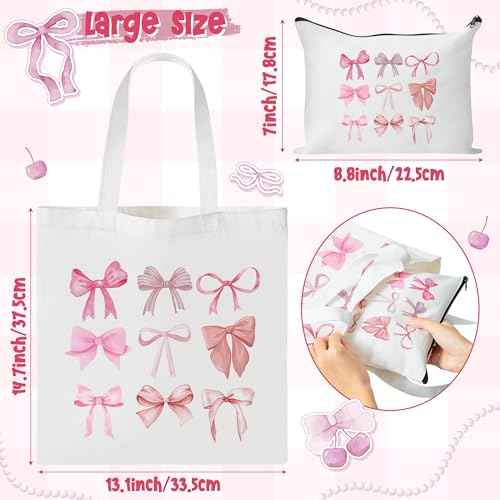 Y1tvei Pink Bows Canvas Bag - 2Pcs Coquette Bowtie Preppy Makeup Bag Set Cute Aesthetic Pink Bow Canvas Tote Bag, Reusable Grocery Folding Shopping Bag, Stuff Zipper Pouch Gifts for Women Party Favors