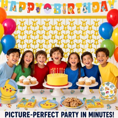 Pokemon Birthday Party Supplies Bundle for 16 - Banner, Plates, Balloons & Backdrop