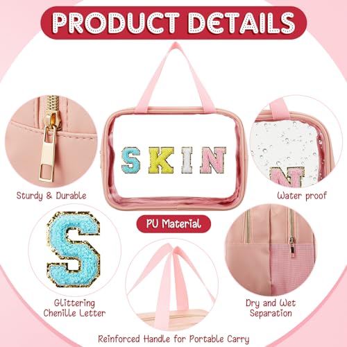 Geetery Chenille Letter Patch Makeup Bag with Handy Handle - Preppy Nylon Cosmetic Organizer with Zipper, Large Travel Toiletry Storage Bag for Women Portable Pink Makeup Case, Women Gifts
