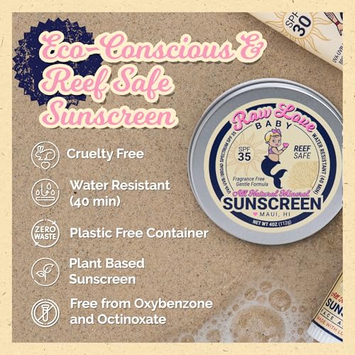 Raw Love Baby Sunscreen 0-6 Months & Up | Babies, Infant, Toddler, Kids Natural Mineral Sunscreen | Sensitive Skin, Fragrance Free Zinc Oxide SPF 35+ | No Chemicals, Reef Safe, Water Resistant | 4 Oz