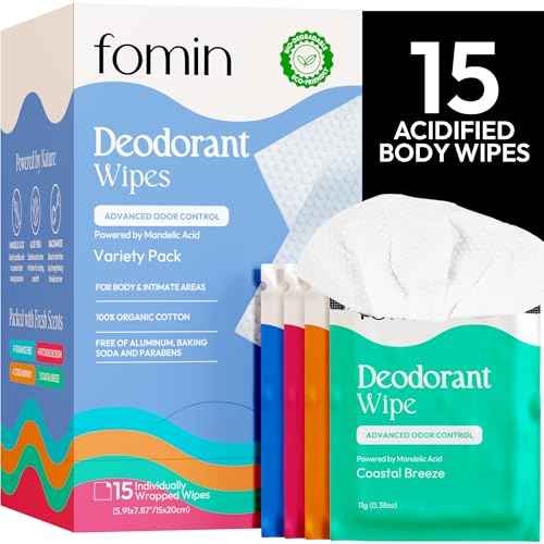 FOMIN Acidified Travel Deodorant Wipes For Women & Men - 15 Count - Variety Pack - pH Balanced, Mini Deodorant Travel Size Wipe - Plastic-Free, Individually Wrapped Underarm Body Wipes