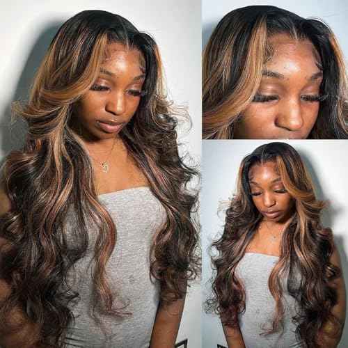 Highlight Ombre Lace Front Wig Human Hair #1b/30 Black and Brown Middle Part Lace Frontal Human Hair Wig 180% Density Pre Plucked Ombre Brown Glueless Wigs for Black Women 20 Inch 180% Density