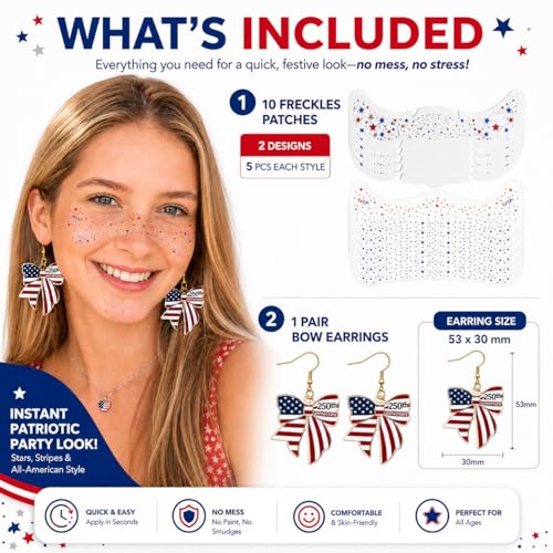 10pc Patriotic Glitter Face Tattoos & Bow Earrings Set