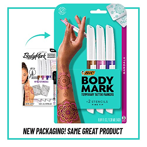 BIC BodyMark Temporary Tattoo Markers, Fine Tip, 3-Pack with Stencils
