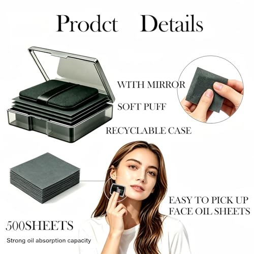 SOLASUNY 300 Sheets Black Oil Blotting Sheets with Mirror & Puff Refillable Case