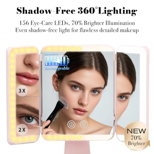 SIMETRA 15.6'' Pink Rechargeable LED Makeup Mirror with Lights & Trifold Design