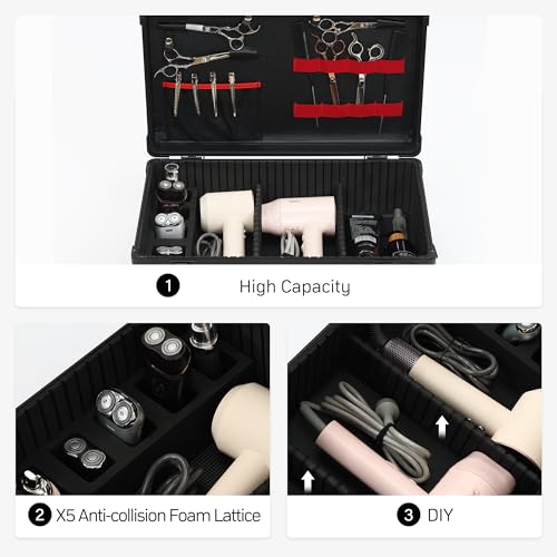 CHUANGJIN Black Large Barber Carrying Case with Removable Tray, Travel Hairdresser Toolbox