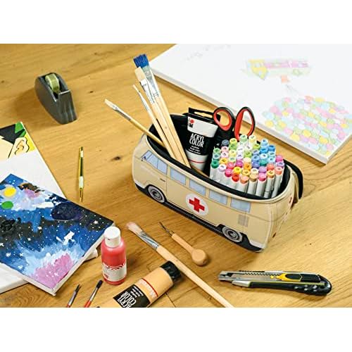 BRISA VW Collection - Volkswagen Neoprene Universal Makeup Cosmetics Toiletry Travel Pharmacy Bag in T1 Bus Design (Ambulance/Beige) (Small (9.1 x 4.3 x 3.1 inches))