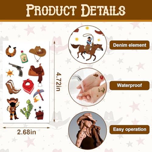 Hying 12 Sheets Cowboy Temporary Tattoos Westworld Cowboys Tattoos Stickers Waterproof Cartoon Makeup Face Tattoos for Birthday Party Decorations