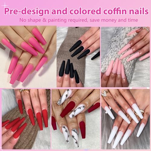 AddFavor Press on Nails Long Coffin Fake Nails, 576pcs Long Press on Nail Ballerina Acrylic False Nails Matte Solid Colored Artificial Nail for Women and Girls