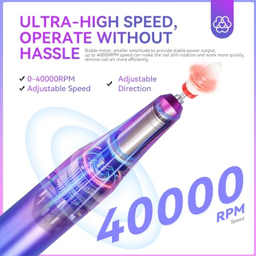 SAVILAND Nail Drill Professional: 40000RPM Nail Drill Machine 2024 Portable Nail File Faster Removal Acrylic Nails & Large Battery Capacity for Nail Art, Pedicure Manicure Home Nail Salon