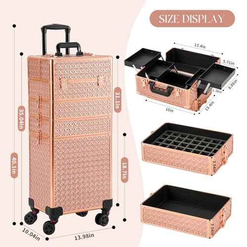 Leeora&Leekoo Portable Multi-Storey Nail Case for Nail Tech Organizer - Wheels Makeup Case Organizer, Cosmetic Case, Makeup Train Case, Make Up Case (rose gold)