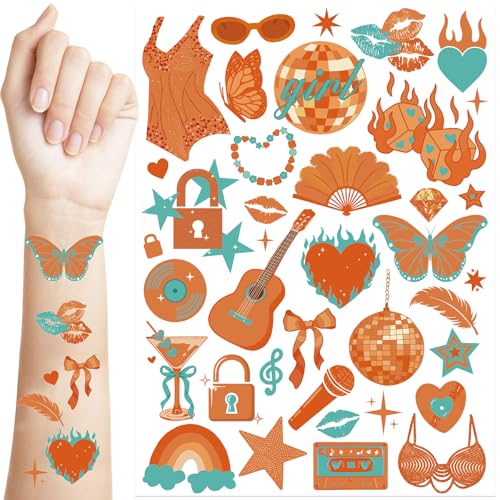 Orange Showgirl Temporary Tattoos - 2 PCS Iridescent Showgirl Body Stickers for Bachelorette, Girls¡¯ Night, Birthday, Showgirl Theme Decorations