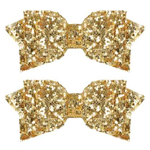 Glitter Christmas Gold Hair Bow Alligator Clips 3" Small Cute Sparkly Sequins Bowknot Hair Barrettes Pin for Little Toddler Teen Baby Girls Kid New Year Xmas Party Dress Decor Accessory