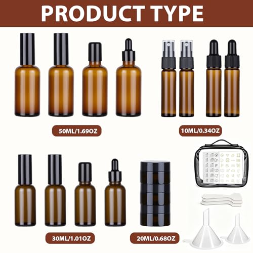 29 Pack TSA Approved Glass Travel Skincare Containers,Toiletry Bag£¬1.7/1/0.7/0.5/0.3oz Refillable Traveling Size Containers with Pump, Jars & Essential Oil Bottle , Leak-Proof for Creams & Liquids