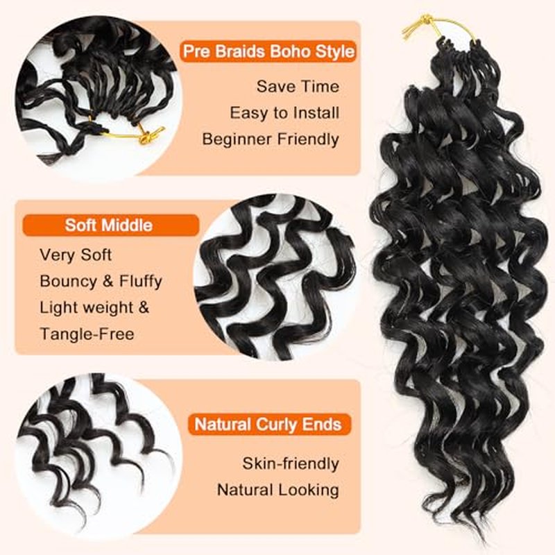10 Inch Black Curly Crochet Hair - 8 Packs Boho Ocean Wave
