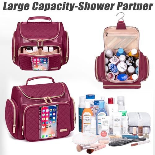 Tealari Wine Red Large Toiletry Bag for Travel, Water-Resistant Shower Caddy with Transparent Phone Pocket