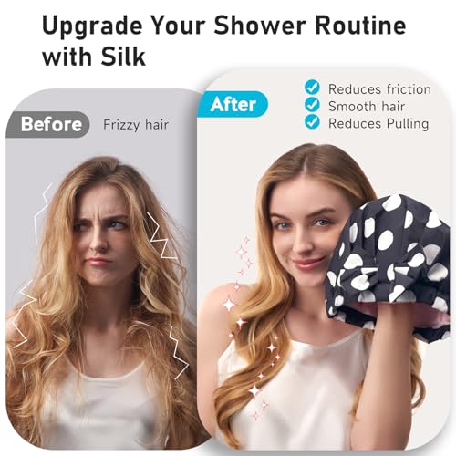 LitBear Luxury Silk Lined Shower Caps for Women Reusable Waterproof, Double Layered Large Bathing Hair Cap with Adjustable Elastic Strap, Non-slip, Quick-dry, for Long Short Hair, Black Dots