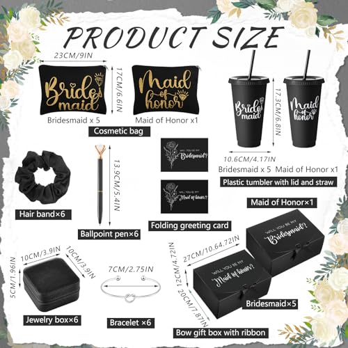 48 Pcs Bridesmaid Proposal Gifts Set, Maid of Honor Gifts Set from Bride, Will You Be My Bridesmaid Gift Box, 24 oz Tumbler Bridal Bachelorette Party Presents for Bridesmaids Wedding (Black)