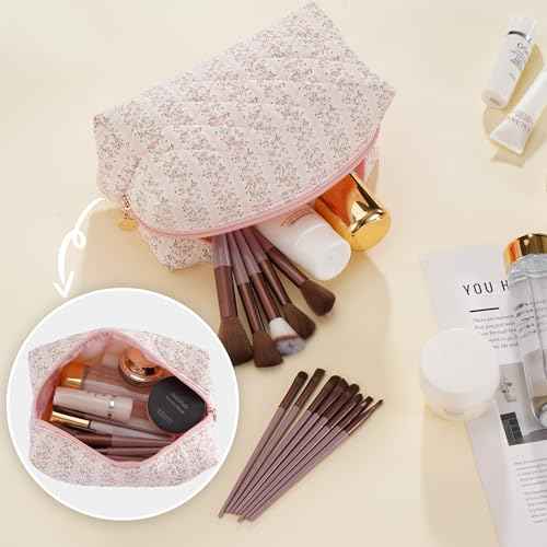 Makeup Bag Travel Toiletry Bag for Women, Small Cosmetic Bags Cute Quilted Cotton Makeup Pouch for Purse Emergency Bag for School Floral Pencil Case Accessory Bag, Pastel Pink