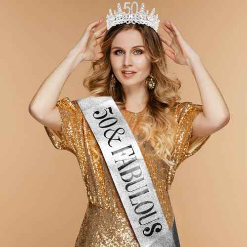 TOBATOBA 50th Birthday Decorations - 50 & Fabulous Birthday Crown & Sash Set, Silver 50th Birthday Gifts for Her