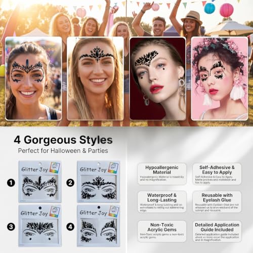Kotbs Black Face Jewels 4-Pack Self-Adhesive Festival Gems