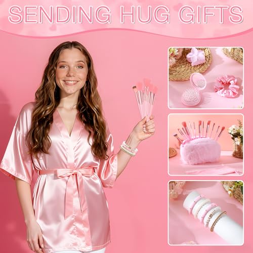 15 Pcs Birthday Gifts for Women Robe Sets for Women Spa Basket Set Graduation Gifts Bath Robe Make up Brushes Scented Candle Fluffy Socks Coffee Cup for Mom Nurse Girlfriend Wife(Pink)