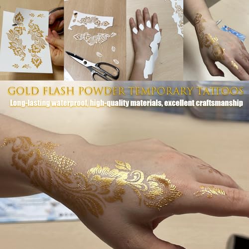 Metallic Gold Temporary Tattoos - 8 Large Sheets Floral Designs