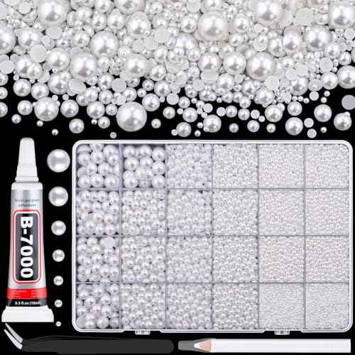 13500Pcs Flatback Pearls for Bedazzling (White) with B7000 Jewelry Glue, Assorted Size 2/3/4/5/6/8/10mm Half Pearl, Bedazzling Gems for Crafting Clothing Tumbler Shoes Embellishment Nail Art