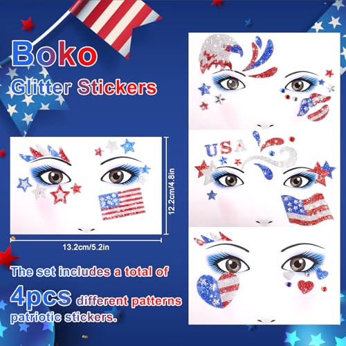 Boko 4th of July Patriotic Glitter Face Stickers, 4Pcs Red White Blue Temporary Tattoos, Self Adhesive Art Sticker Face Tattoos for Independence Day Memorial Day Veterans Day Flag Rave Party