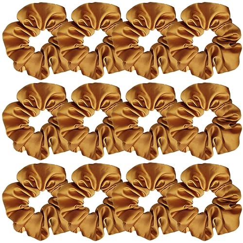 12 Pcs Satin Silk Scrunchies - Soft Ties, Fashion Bands, Hair Bows, Elastic Ponytail Holders, and Accessories for Women and Girls (4.3 Inch, Light Coffee Color)