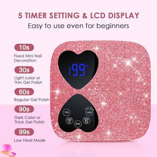 UV LED Nail Lamp Cordless, HUITINE 80W Rechargeable UV Light for Gel Nails with 5 Timers & Mirror Base, Professional Gel Light Dryer, Sparkling Rhinestones Curing Lamp for Salon & Home (Pink Diamond)