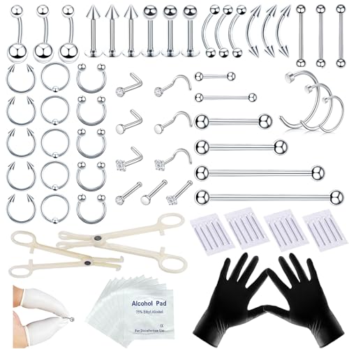 80pc Nose Piercing Kit - 316L Stainless Steel Jewelry & Needles