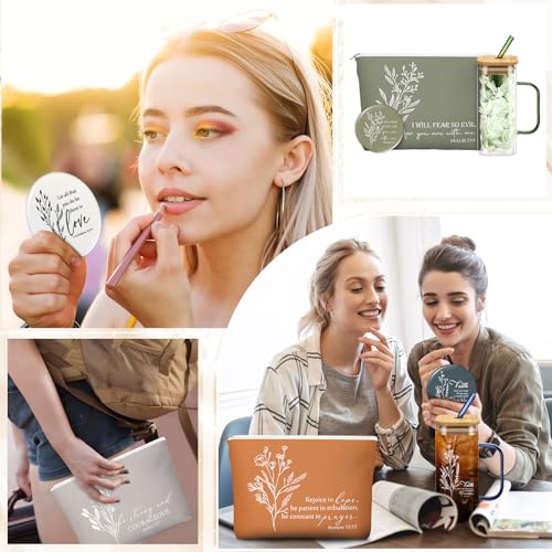 Fumete 6 Sets Christian Appreciation Gift for Women Bible Verse Flower Makeup Bag Easter Religious Coffee Cup with Handle Bamboo Lid Straw Mini Compact Mirrors for Mothers Day Church Sunday School