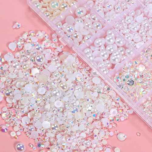 22000 Pcs White Flatback Pearls and Rhinestones for Crafting, Resin Rhinestones Gems Pearls for Bedazzling, Mixed Size 3-6mm Half Pearl Gems for Nails Face Eyes Makeup Bottles Shoes DIY Crafts