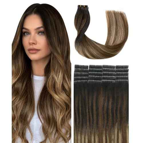 SURNEL Injected Seamless Tape in Hair Extensions 14 Inch Natural Black to Medium Brown and Caramel Blonde Invisible Tape in Extensions 20 Pcs 30g(#1B427,14)