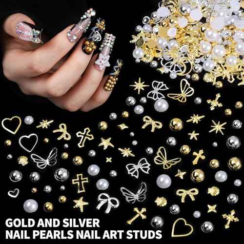 FANDAMEI Nail Charms and Gems, 24 Grids Nail Art Kit for Design, Y2K 3D Charms Rhinestone, Gold Metallic Nail Gems, Flatback AB Nail Rhinestones Gold Nail Pearls, 3D Fruits Flowers Nail Jewels
