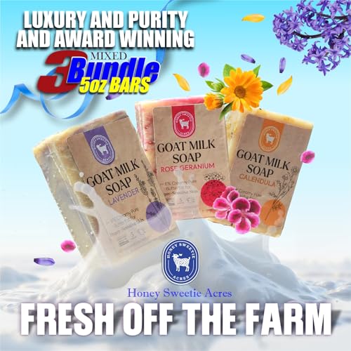 Honey Sweetie Acres 3-Pack Goat Milk Soap ? Lavender, Rose Geranium & Calendula ? Floral Spring Scents ? Handcrafted 5 oz Bars ? Made in the USA