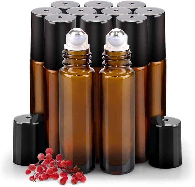 12 Pack 10ml Amber Glass Essential Oil Roller Bottles