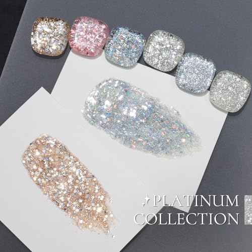 GAOY Chrome Platinum Glitter Gel Nail Polish Set, 6 Colors Including Sparkly Shiny Black Silver Pink Gel Polish Kit UV LED Soak Off Home DIY Manicure Nail Salon Varnish