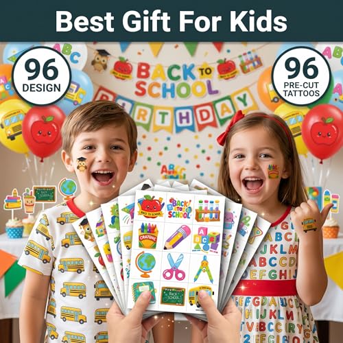 96 Back to School Temporary Tattoos for Kids | School Theme Designs