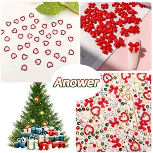 Red Heart Nail Charms, Bow Charms, Acrylic Art Charms, Pearl Beads, Gold Studs Gems for Nails