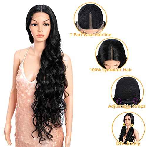 Style Icon 36" Lace Front Wigs Multi-Layered Super Long Big Curl Black Wigs With Baby Hair 130% Density Heat Resistant Fiber Synthetic Wig (36 Inch, 1B)