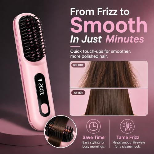 Cordless Hair Straightening Brush - Portable Heated Comb, 3 Temperature Settings, USB-C