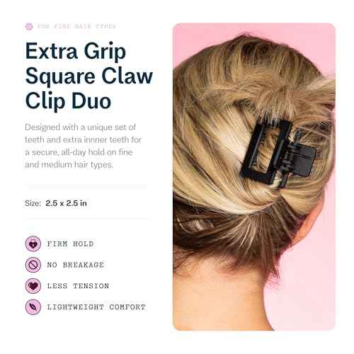 Gimme Beauty Fine Hair Extra Grip More Teeth Clip - Extra Teeth Design for Strong Hold - No-Slide Accessories for Thin, Fine Hair - Durable Square Claw Clips for Everyday Use - Black & Tan