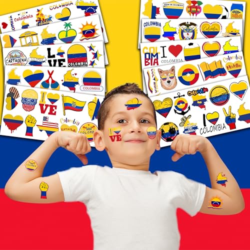 100PCs Colombia Temporary Tattoos Colombia Independence Birthday Party Decorations Favors Supplies Flag Themed Cute Stickers 10 Sheets Gifts for Baby Kids Girls Boys Class School Carnival Christmas