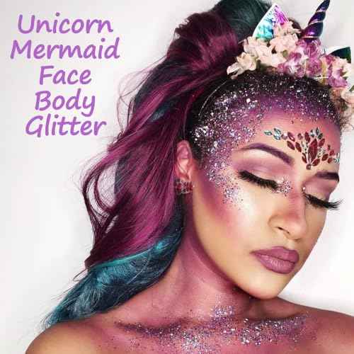 Mysense Purple Body Glitter Stick,Singer Concert Outfit Face Glitter Makeup for Women,Hair Glitter Gel for Kids,Festival Rave Pride Accessories,Mermaid Sequins Chunky Glitter Face Paint,0.56oz